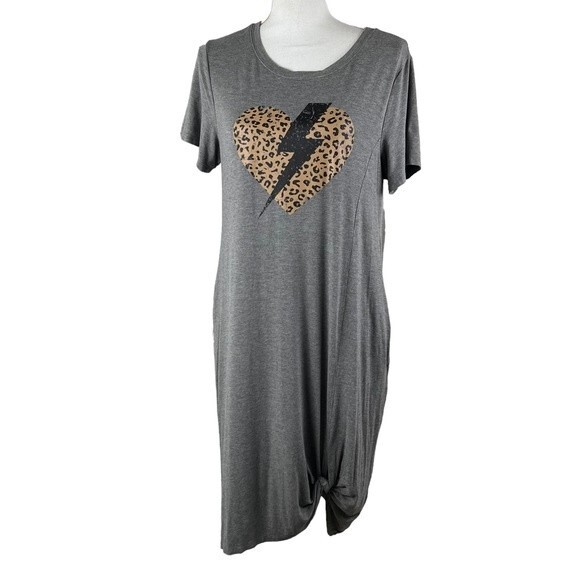 Gray Knotted Heart & Lightning Bolt T-Shirt Dress Cheetah Large Pockets - Picture 1 of 9